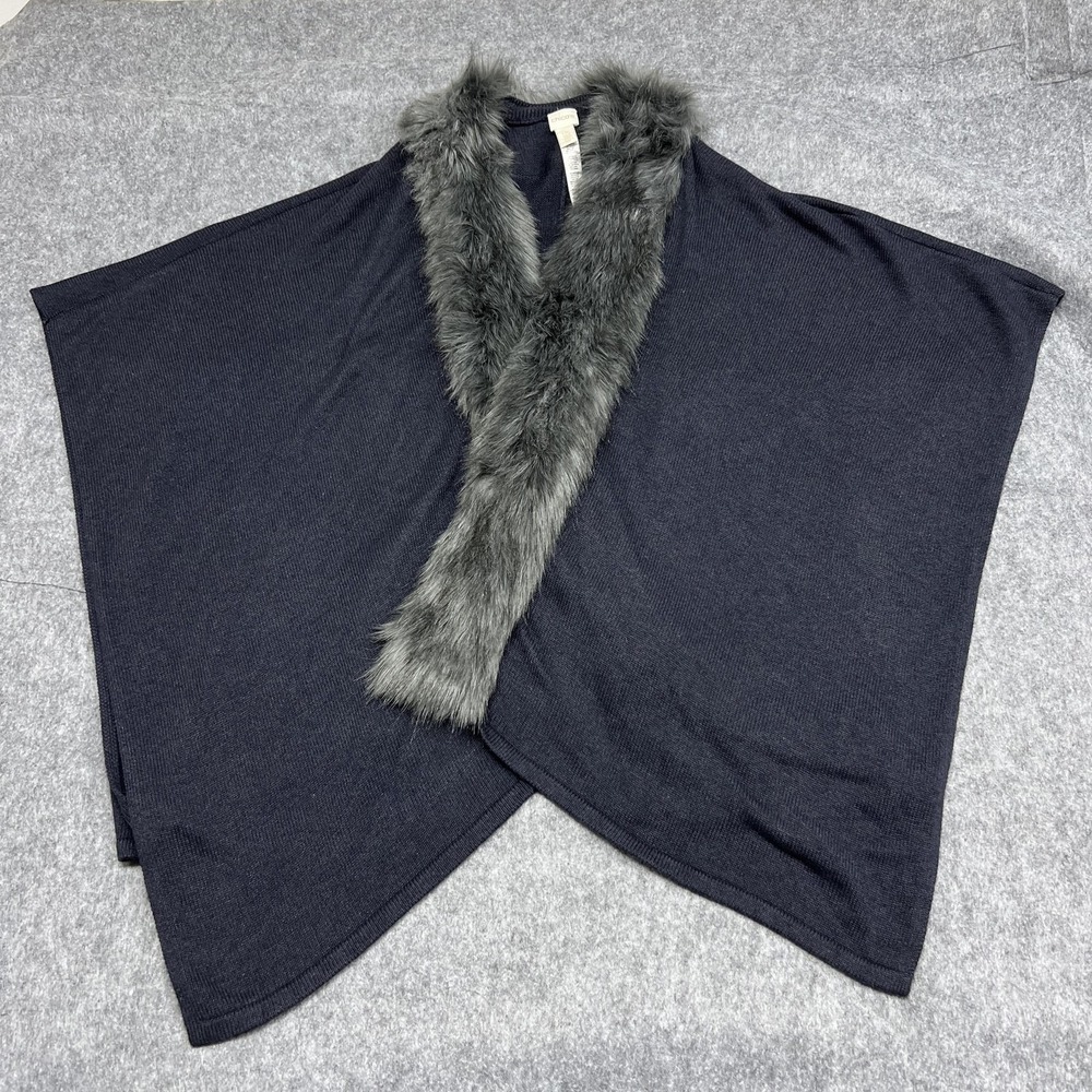 Chicos Sweater Cape Womens One Size Blue Faux Fur Trim Open Lightweight Preppy